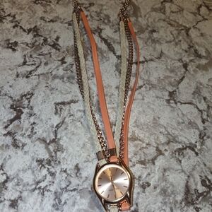 Chic Rose Gold Watch with Orange and Cream Straps